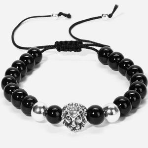 Men’s Lion Charm Black & Silver Beaded adjustable sliding mens bracelet LEO